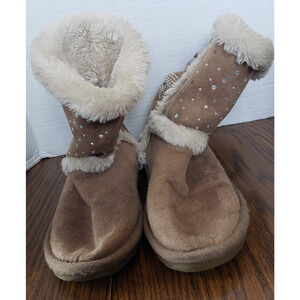 Justice Girls Faux Suede Fur Ankle Rhinestone Fur Slip-on Boots Size 5